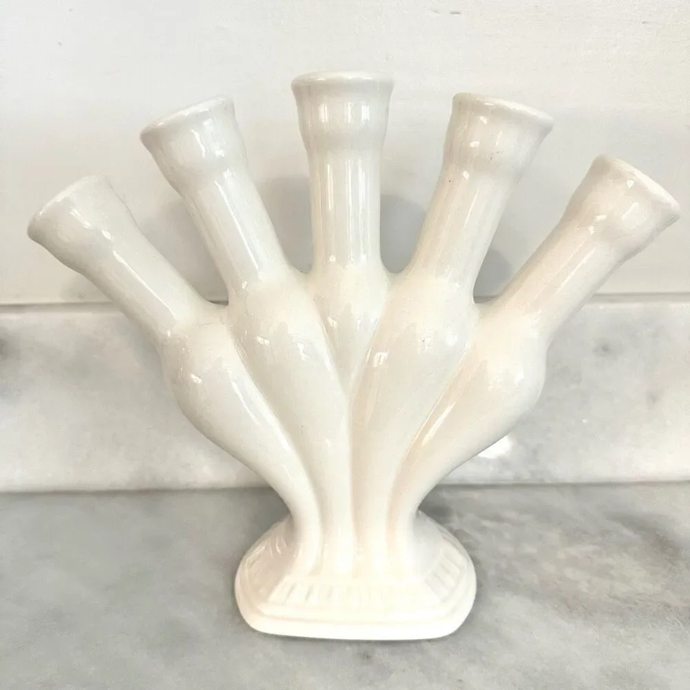 Antique Spode England Five Finger Bud Ceramic Flower Tulip Vase Solid White  9.2